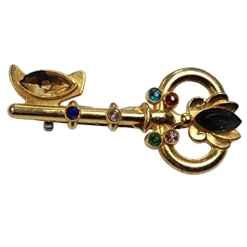 Vintage 60s-70s Heraldic Skeleton Multicolor Rhinestone Key Brooch Pin Gold Tone